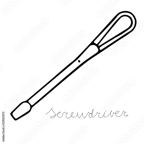 Hand-draw black vector illustration of metallic locksmith tool isolated on a white background with lettering screwdriver