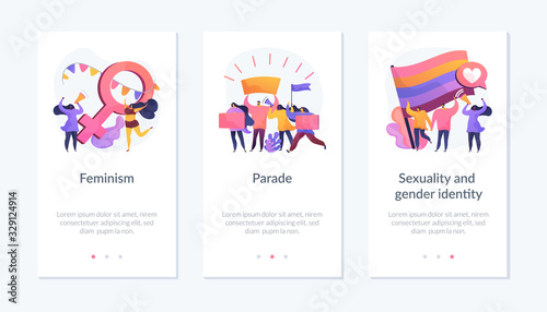 Women empowerment movement, gay pride demonstration, asserting rights icons set. Feminism, parade, sexuality and gender identity metaphors. Mobile app UI interface wireframe template.