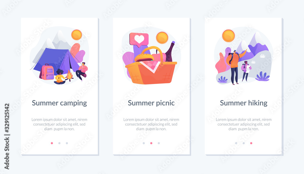 Outdoor leisure activity flat icons set. Backpacking and trekking holiday on nature. Summer camping, summer picnic, summer hiking metaphors. Mobile app UI interface wireframe template.