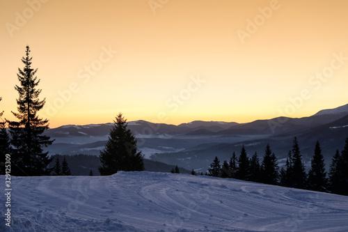 Picturesque mountain landscape with snowy forest in winter