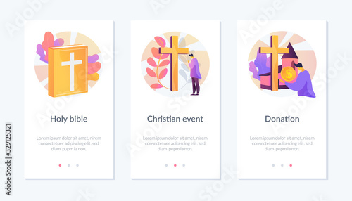 Church congregation lifestyle symbols. Sacred book, religious ceremonies and financial contribution. Holy bible, christian event, donation metaphors. Mobile app UI interface wireframe template.