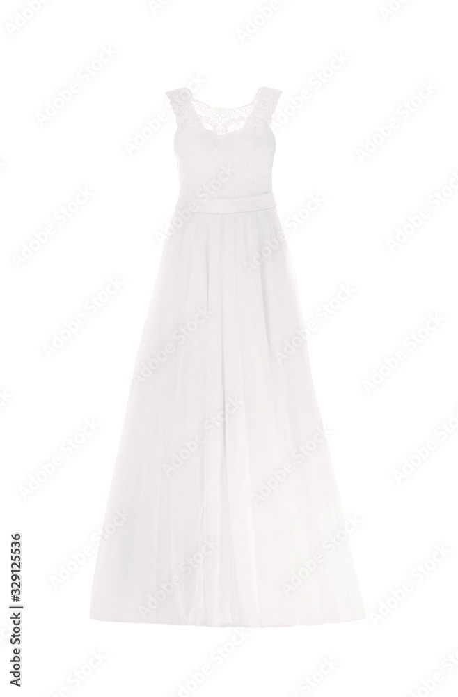 Elegant wedding dress on mannequin against white background. Custom made clothes