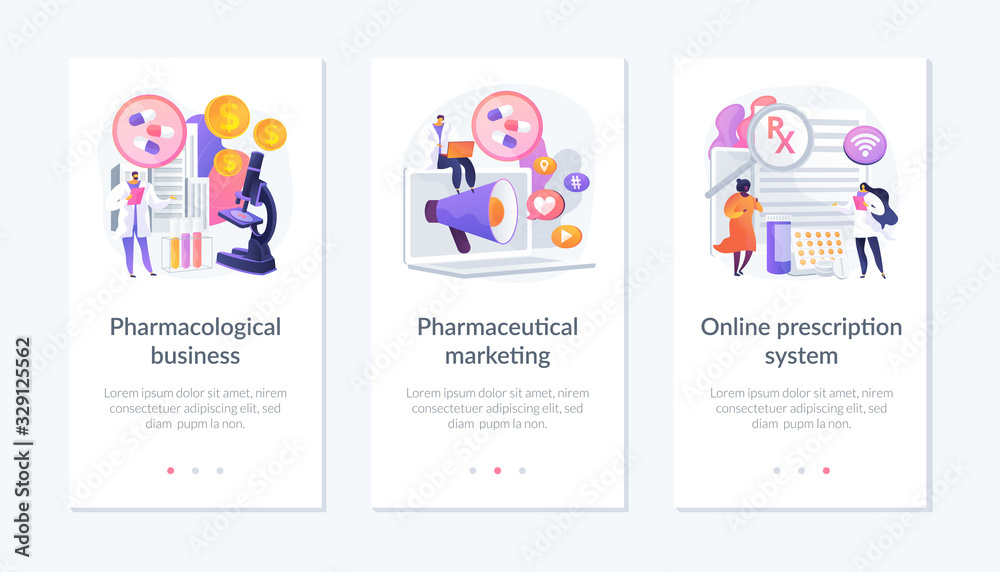 Pharmacological internet service development and promotion. Pharmacological business, pharmaceutical marketing, online prescription system metaphors. Mobile app UI interface wireframe template.
