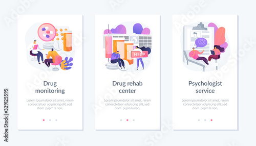 Addiction treatment, narcotic addict medication, recovery and rehabilitation. Drug monitoring, drug rehab center, psychologist service metaphors. Mobile app UI interface wireframe template.