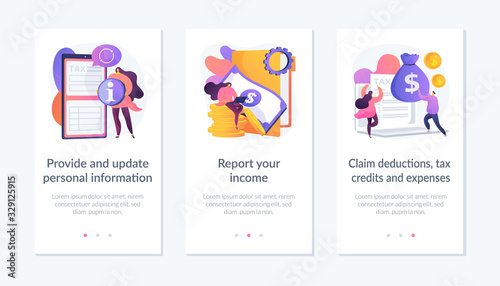 Tax accounting process. Provide and update your personal information, report your income, claim your deductions, tax credits, and expenses metaphors. Mobile app UI interface wireframe template.