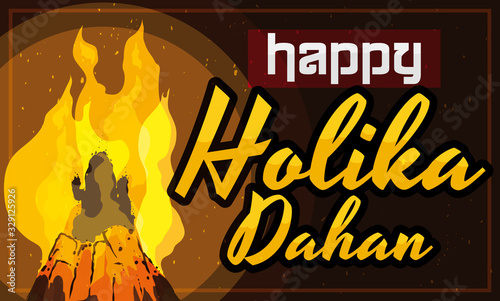 Traditional Bonfire Burning an Effigy of Holika Dahan Ceremony, Vector Illustration