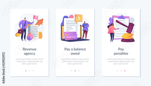 Tax payment stages. Tax office visiting, debt paying, fine and surcharge repayment. Revenue agency, pay a balance owed, pay penalties metaphors. Mobile app UI interface wireframe template.