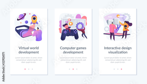 VR space exploring. Digital simulation. Virtual world development, computer games development, interactive design visualization metaphors. Website web page template - concept metaphors.