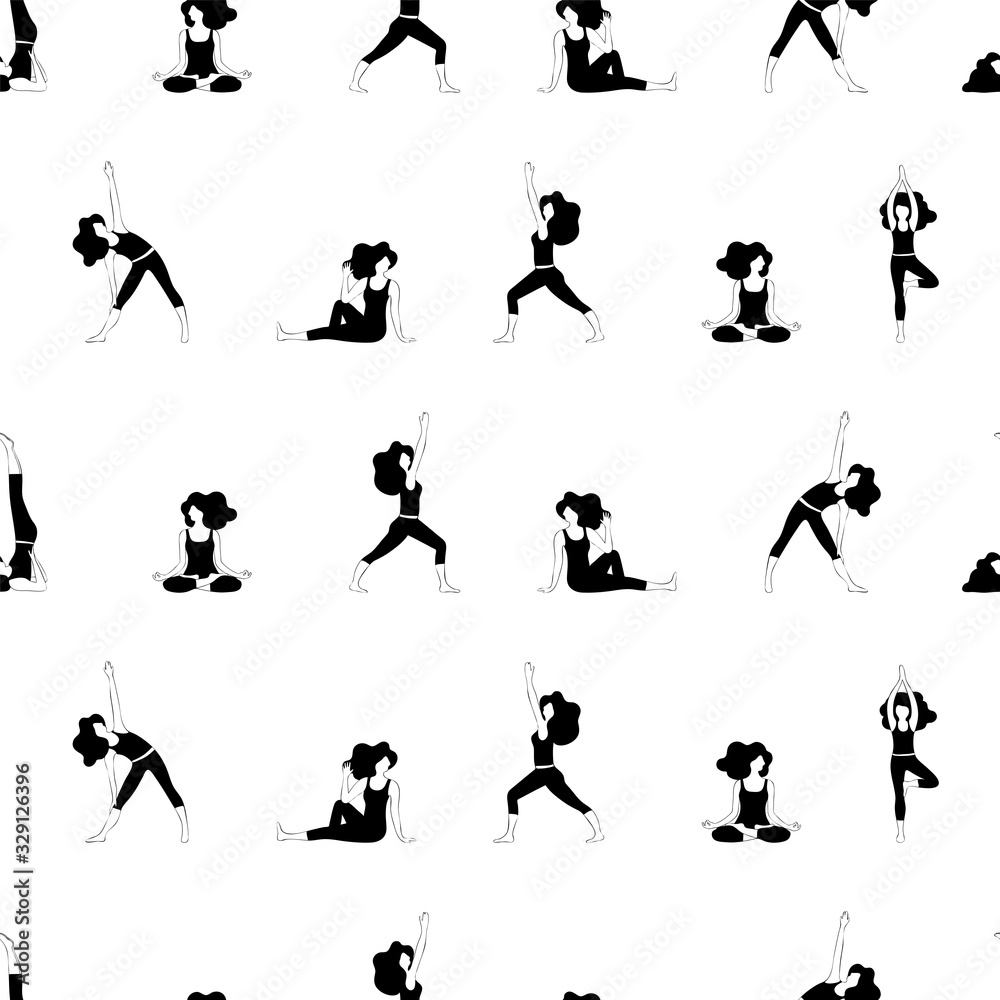 Seamless pattern yoga for women, young girl doing exercises, black silhouette on white background,vector illustration
