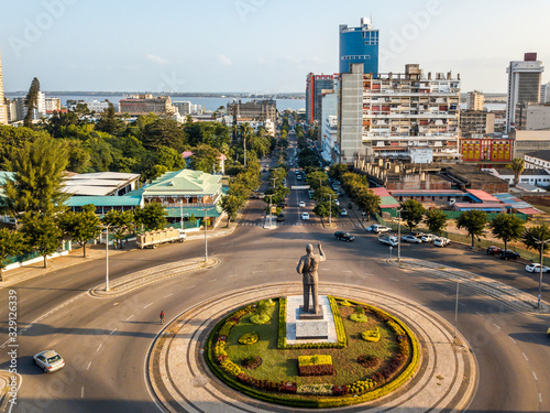 Samora Machel statue on Independence Square with the view of city downtown