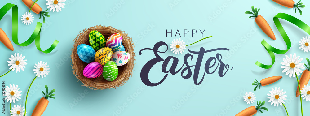 Plakat Easter poster and banner template with Fower, carrots and Easter eggs in the nest on table.Greetings and presents for Easter Day in flat lay styling.Promotion and shopping template for Easter Day
