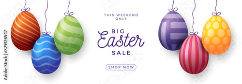 Easter egg sale horizontal banner. Easter card with realistic eggs hang on a thread, colorful ornate eggs on white modern background. Vector illustration. Place for your text