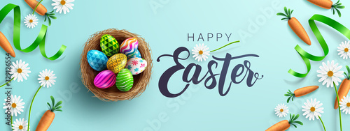 Naklejka Easter poster and banner template with Fower, carrots and Easter eggs in the nest on table.Greetings and presents for Easter Day in flat lay styling.Promotion and shopping template for Easter Day