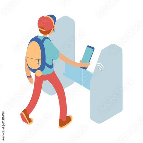 Teenage boy going through turnstile with nfc.