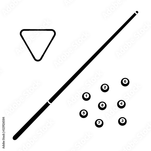 Vector black billiard cue and balls icon. Game equipment. Professional sport, classic cue for official competitions and tournaments. Isolated illustration.