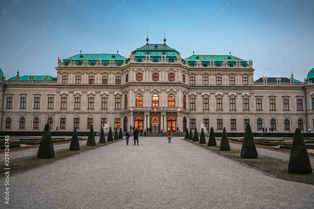 Upper Belvedere Palace and garden (Schloss Oberes Belvedere) in Vienna, Austria. Blue twilight sky. One of Vienna main attractions