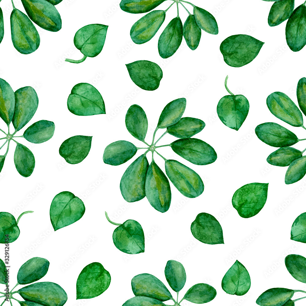 Watercolor drawing. Seamless pattern of green leaves of indoor plants. For textiles, cover art , poster and card, pillowcases.