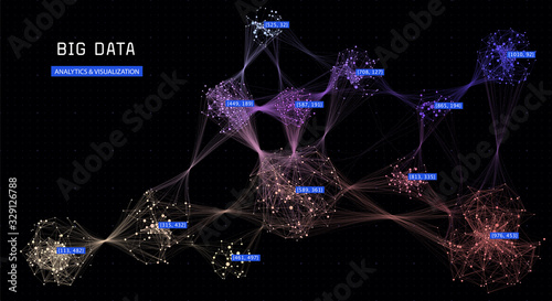 Abstract big data. Cluster analysis. Social media graph. Distributed computing network. Modern visual concept. 