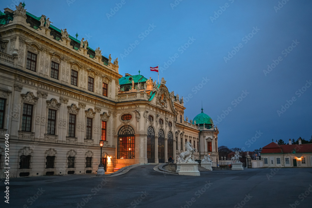 Upper Belvedere Palace (Schloss Oberes Belvedere) in Vienna, Austria. Blue twilight sky. One of Vienna main attractions