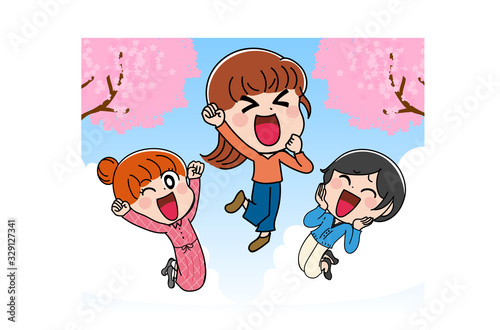 イラスト素材：春　女子　新生活　３人組　かわいい