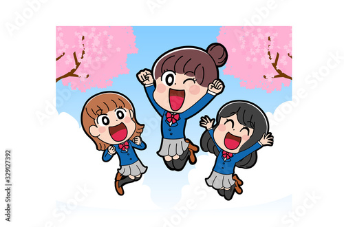 イラスト素材：入学　卒業　春　女子　学生　３人組　かわいい