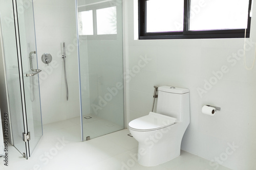 A stylish white toilet or washroom in a hotel or villa. Interior in the bathroom. Minimalist toilet with bidet and toilet paper.