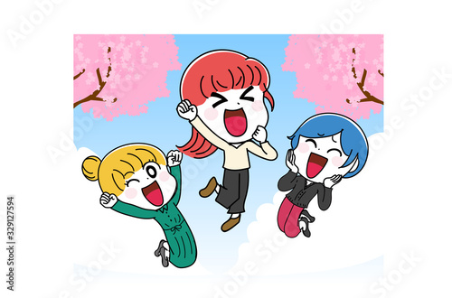 イラスト素材：春　女子　新生活　３人組　かわいい