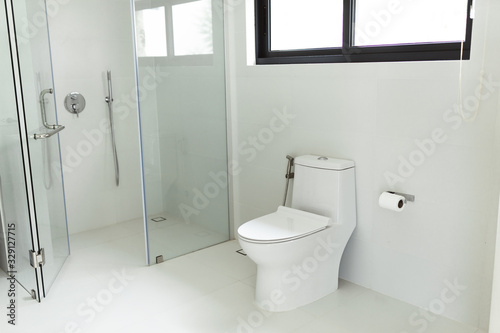 A stylish white toilet or washroom in a hotel or villa. Interior in the bathroom. Minimalist toilet with bidet and toilet paper.