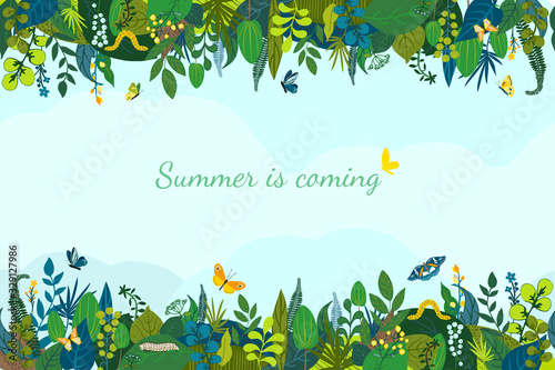 Colorful floral composition on blue background, text Summer is coming. Horizontal stripe seamless pattern in spring green colors. Leaves, colorful flowers, caterpillar, butterflies Vector illustration