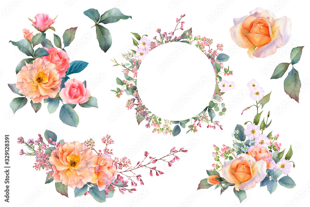 Set of picturesque roses arrangements with herbs, leaves, buds, flowers and round floral frame hand drawn in watercolor isolated on a white background.For creating invitations, cards, prints, patterns Set of picturesque roses arrangements with herbs, leaves, buds, flowers and round floral frame hand drawn in watercolor isolated on a white background.For creating invitations, cards, prints, patterns
