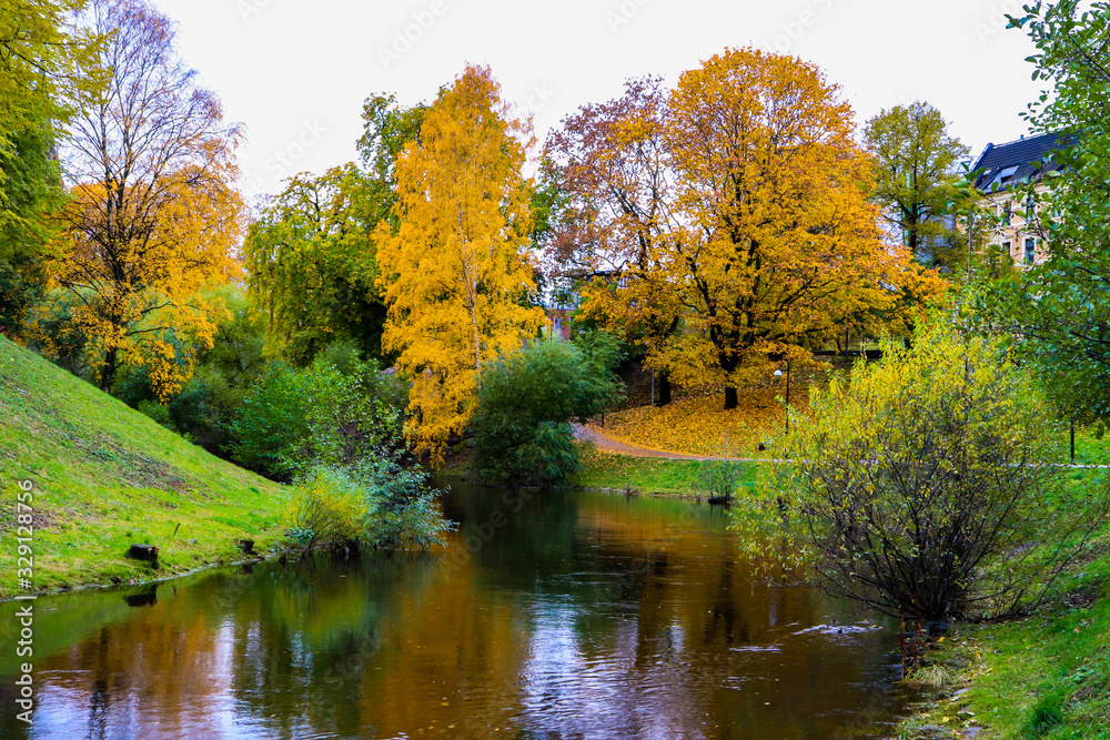 Autumn with yellowed trees and river inside the city Autumn with yellowed trees and river inside the city