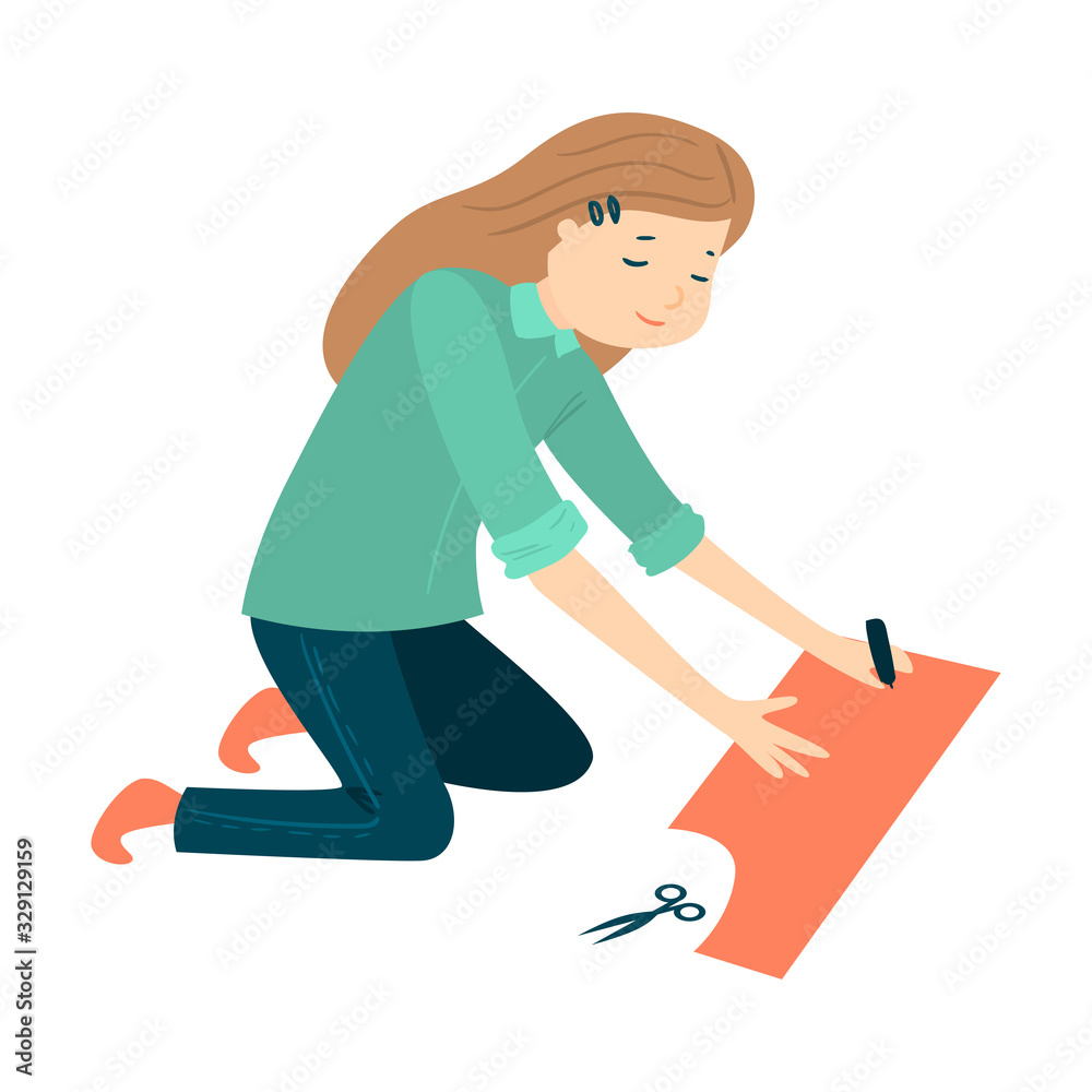 Woman making sewing pattern with scissors vector illustration Woman making sewing pattern with scissors vector illustration