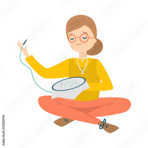Woman sitting and cross stitching vector illustration