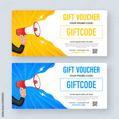 Template red and blue gift card. Vector Gift Voucher with Coupon Code. Discount voucher. Vector stock illustration.