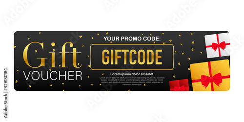 Template red and blue gift card. Vector Gift Voucher with Coupon Code. Discount voucher. Vector stock illustration.