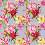 Watercolor seamless pattern with lily, red, pink, yellow, orange lilly flowers, botanical drawing. Stock illustration. Fabric wallpaper print texture.