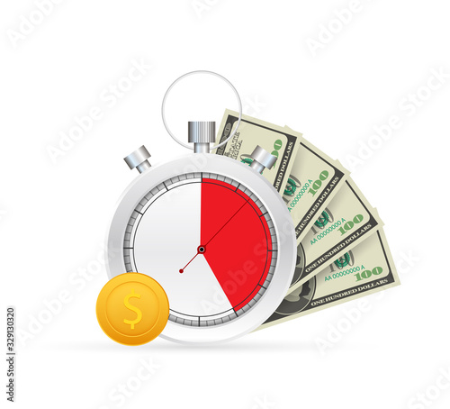 Quick credit. Clock and bag, time is money, fast loan, payment period, savings account. Vector stock illustration.