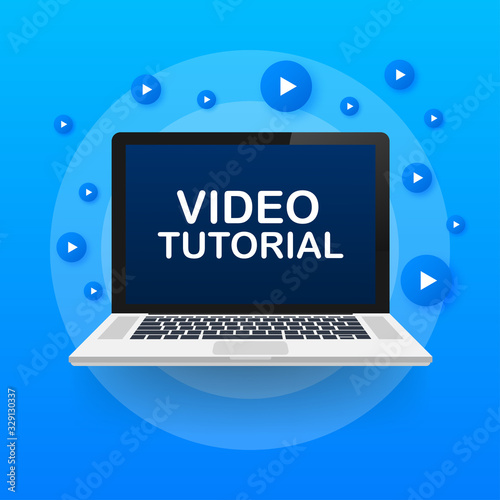 Video tutorials. Study and learning background, distance education and knowledge growth. Video conference and webinar icon. Vector stock illustration.