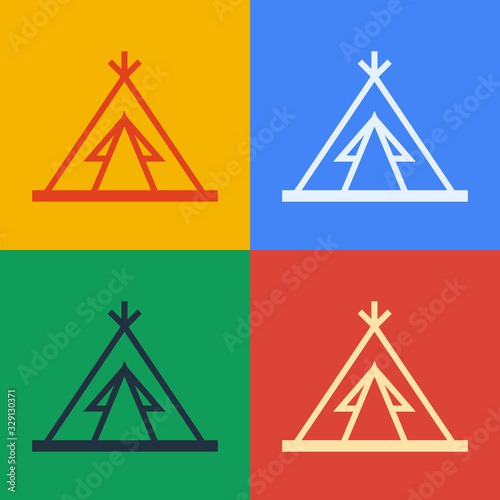 Pop art line Traditional indian teepee or wigwam icon isolated on color background. Indian tent. Vector Illustration