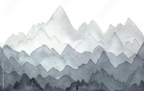 Naklejka Streszczenie szary ręcznie rysowane akwarela krajobraz z góry ciemne i jasne mgły. Minimalistyczna ilustracja natury z kamieniami i lasem do dekoracji tła podróży, tapety