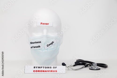 SYMPTOMS OF CORONAVIRUS DISEASE, fever, cough and short of breath signs on the headform. photo