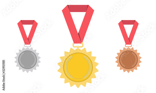 Medal- gold, silver, bronze. 1st, 2nd and 3rd place. Trophy with red ribbon. Flat style - stock vector.