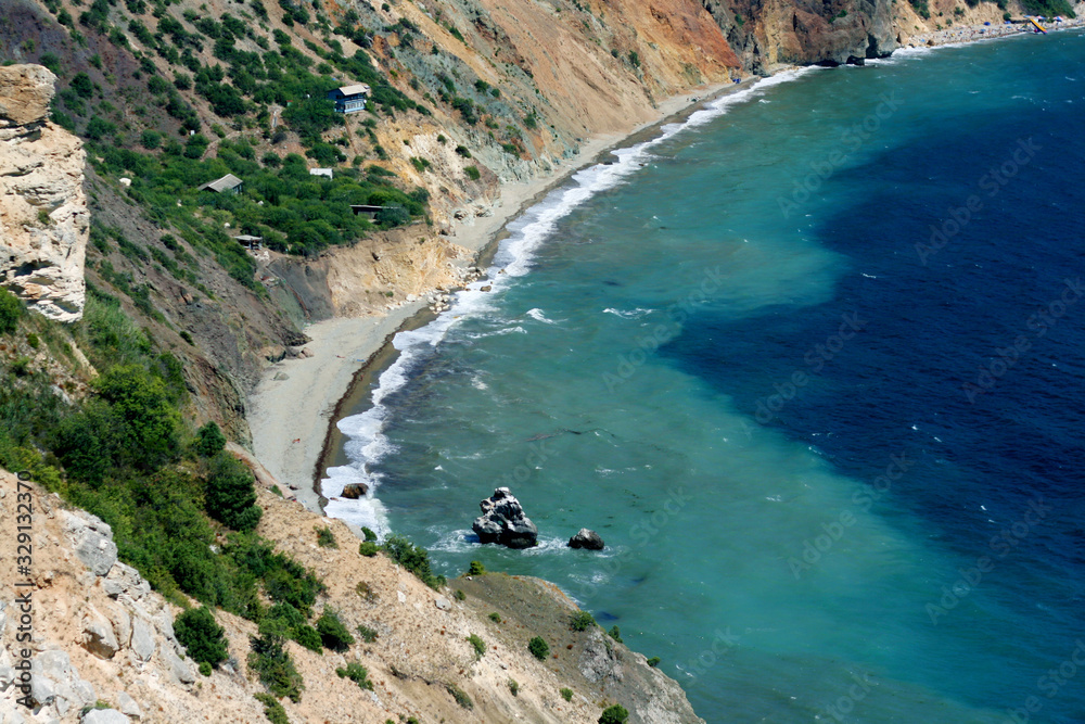 The landscape of the rocky shore of the Black Sea.