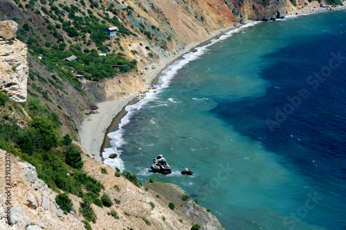 The landscape of the rocky shore of the Black Sea.