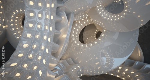 Architectural background. Abstract concrete interior with smooth glossy white discs. Neon lighting. 3D illustration and rendering.