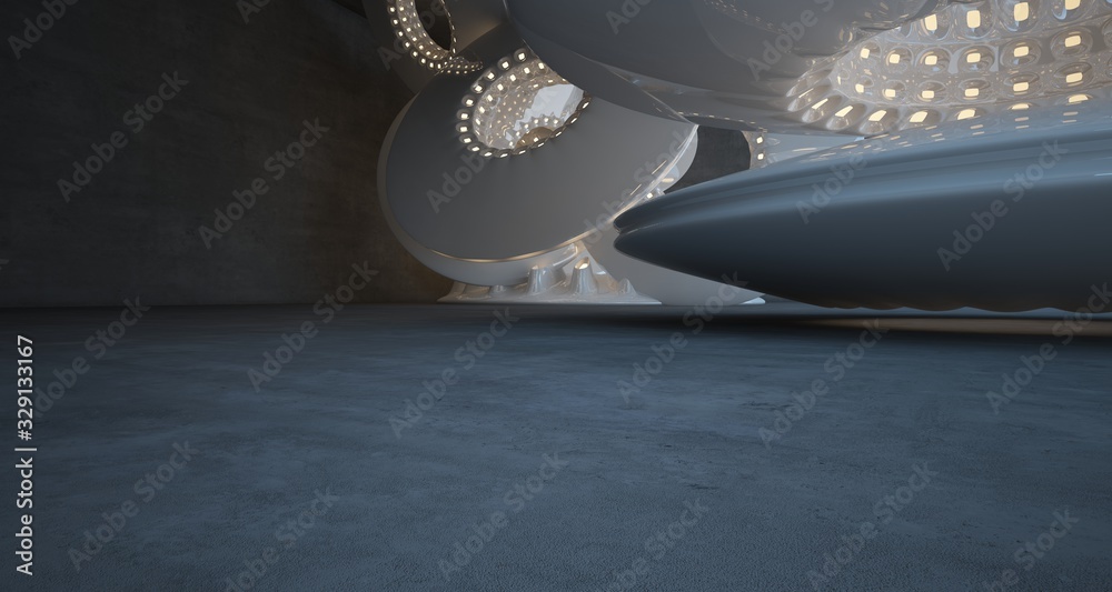 Architectural background. Abstract concrete interior with smooth glossy white discs. Neon lighting. 3D illustration and rendering.