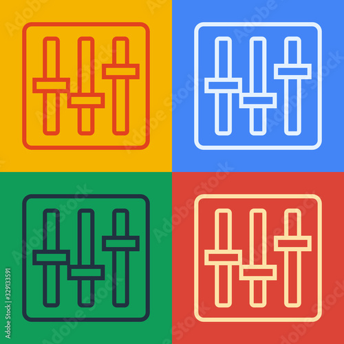 Pop art line Sound mixer controller icon isolated on color background. Dj equipment slider buttons. Mixing console. Vector Illustration