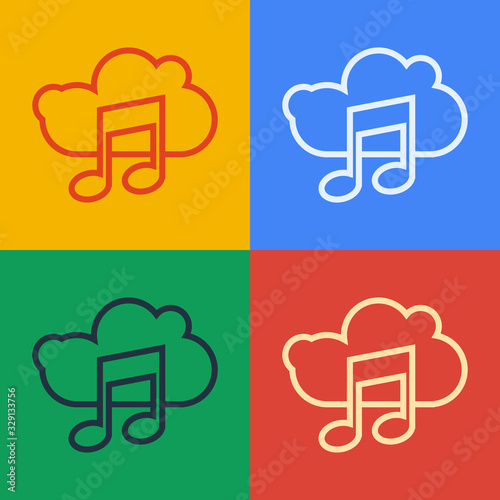 Pop art line Music streaming service icon isolated on color background. Sound cloud computing, online media streaming, song, audio wave. Vector Illustration