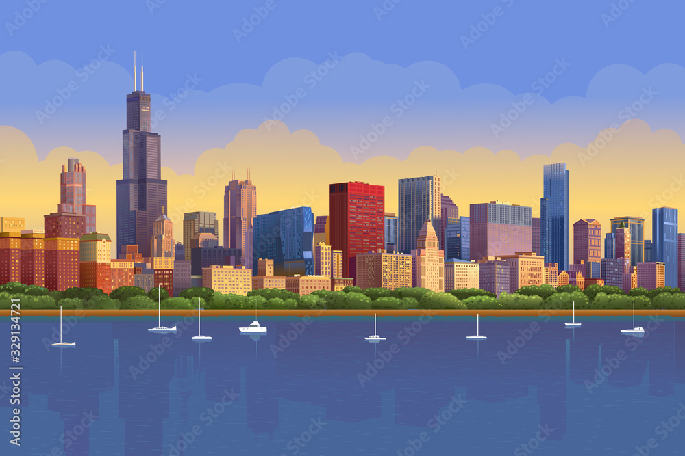 Fototapeta premium Chicago skyline in sunny sunset reflected in water. Chicago yacht panorama, Vector illustration