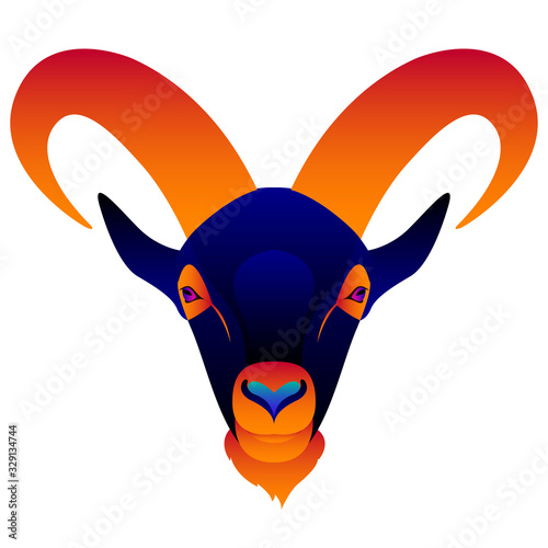 Abstract goat head isolated on white. Graphic cartoon goat portrait painted in imaginary colors for design card, invitation, banner, book, scrapbook, t-shirt, poster, sketchbook, album etc.